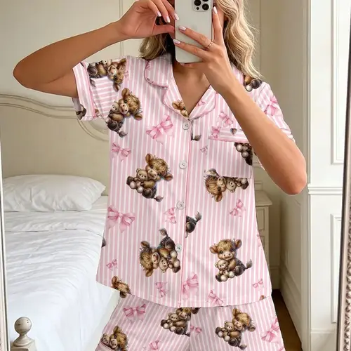 Spring Summer Women's Sleepwear Set, Bear Print Cardigan Short Sleeve Sleep Pajamas Shorts, Casual Loose Fit Homewear, Comfortable All Seasons, Pajama Set, Shorts Pyjama Set, Printed Pajama Set