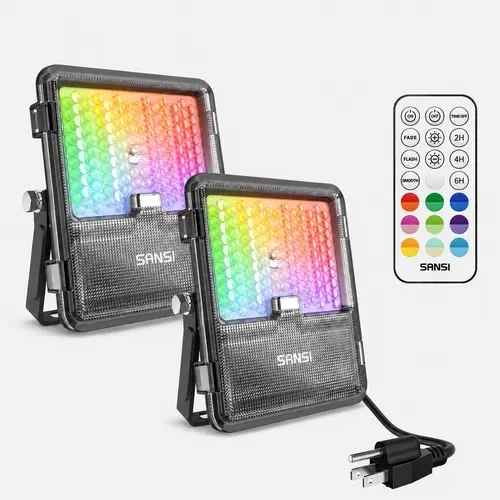 SANSI RGBW LED Flood Light 80W/160W – Color Changing Outdoor Spotlight with Music Sync, Sound Activation & Remote, IP66 Waterproof for Halloween & Landscape Decor