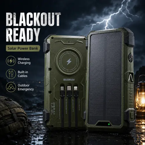 SUDROV Ultimate Charging Power Bank - 4 Built-in Cables, 7 Outputs, 15W Fast Charging, Wireless Charging, Dual LED Flashlights, Phone/Mobile Devices External Battery Pack, Solar Cellphone Charger for Power Outages,sohochic