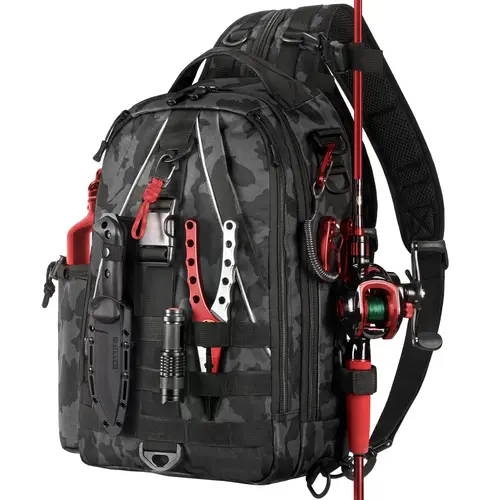 Men's 1000D Nylon Water-Resistant Outdoor Fishing Tackle Backpack with Convertible Strap, Rod Holder, Zipper, Sling Design, Bottle Pocket, Rear Mesh Airflow for Fishing Rods & Outdoor Gear