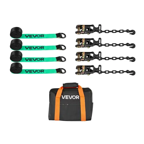 【toolupgrade】VEVOR Tire-Style Wheel Chock Tie-Down Kit with Heavy-Duty Hooks, Ratchet Straps, Rubber Blocks, Webbing Width Specs, 10009 lbs Break Strength, 3333 lbs Working Load for ATV, SUV, Snowmobile Trailer, Straps+Hooks