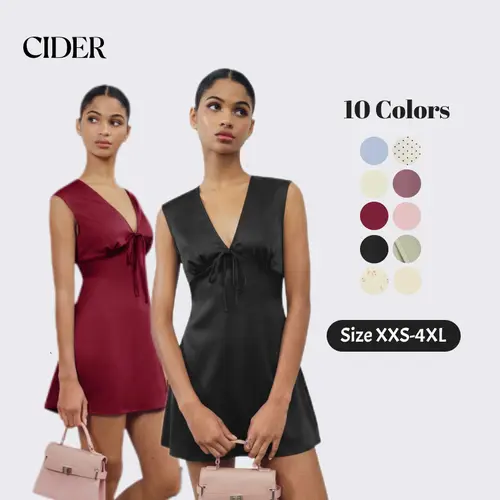 Cider Satin V-neck Ruched Knotted Tie Back Mini Dress Casual Womenswear SohoChic