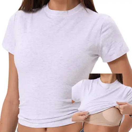 Danysu Built In Bra Solid Cotton Crewneck TShirt No See Through Stretchy Lightweight Fitted Everyday Basic Tops Gym Workout Casual Tee Minimalist Round Neck Women campingessentials Streetwear Womenswear Shortsleeve