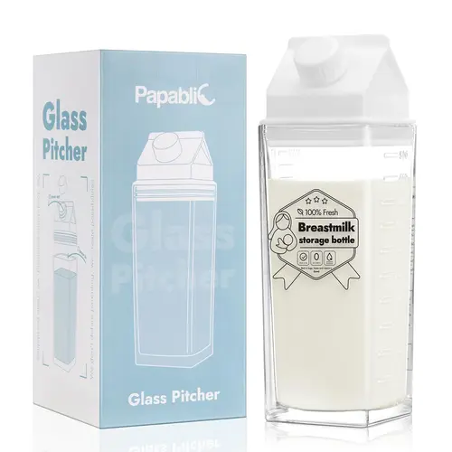 Papablic Glass Breast Milk Pitcher, Cute Milk Shape, Leakproof BPA Free Breastmilk & Formula Storage Bottles, Baby Breastmilk Storage Containers for Pitcher Method Feeding, Fridge Safe, 17 oz, Breastfeeding Essential for Moms, Breast Milk Containers, Glas