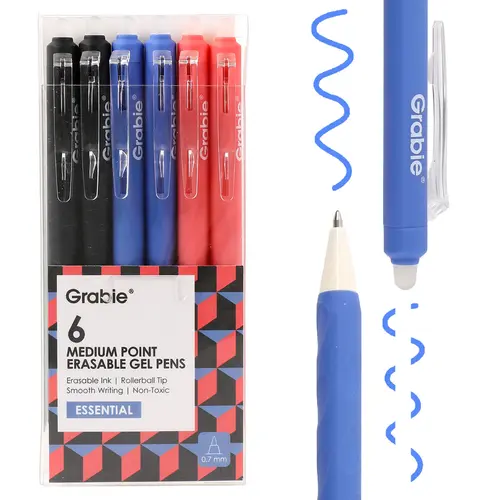 Grabie Medium Point Retractable Erasable Gel Pen Set of 6 -Back to School, Essential & Black Colors, Reusable Disappearing Ink Pens, School Supplies, Office Stationery for Computers & Office Equipment, Class Reward Gift Idea, School Supplies