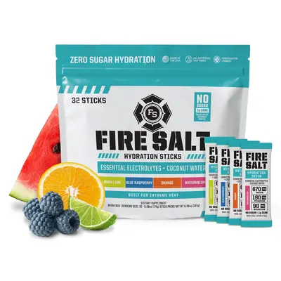 Fire Salt Electrolyte Powder Packets 32-Pack – Zero Sugar Hydration Drink Mix with Coconut Water & 3X Electrolytes – Workout, Recovery, Sauna, Endurance & Outdoors – Keto Friendly, Natural Ingredients, No Artificial Sweeteners