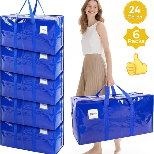 【Back to School】6-Pack Extra Large Capacity Large Storage Bags with Reinforced Handles, 24-Gallon, Waterproof PE Coat, Strong Zipper, Label Slot, Space-Saving Home Organizers for Dorm Balcony Modern College Essentials Bedding