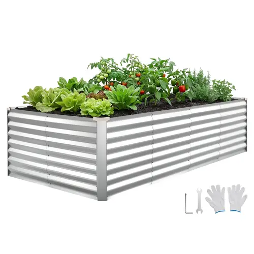 【toolupgrade】VEVOR Rectangular Metal Raised Garden Bed Kit - Alum-Zinc Coat Rustproof Panels, Bottomless Fast Water Drainage, Thickened Legs, Extra-Large Space, Gloves for Outdoor Planting Boxes, Vegetables, Root Support