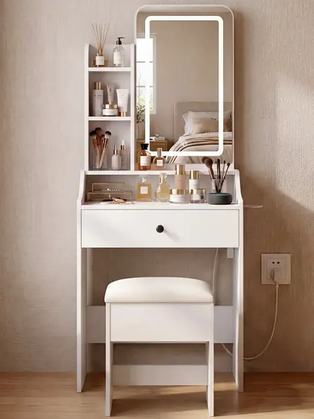 Sweetcrispy Multi-Drawer Vanity Desk with Lighted Mirror & Power Outlet, Lighted Makeup Vanity Bedroom Furniture for Girls
