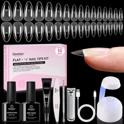 Beetles Flat-X UV Gel Nail Kit with Clipper, Mini Lamp, 320pcs 16-Size Fake Nails Tips, 15g Hands-Free Glue Gel, 7.5ml Base & Top Coat, Even Pressure Distribution for At-Home Acrylic Manicure Extension DIY