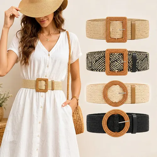 Women's Straw-Woven Elastic Belt - Classic and Boho Style with Exquisite Design, Comfortable Wearing Elastic Waistband for Skinny Dresses, Stylish Buckle Belts for Summer Vibes