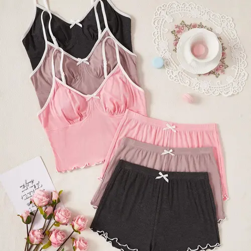6 Pieces Women's Bow Front Lettuce Trim Pyjama Set, Casual Contrast Binding Cami Top & Elastic Waist Shorts PJ Set, Summer Sleepwear Set for Women