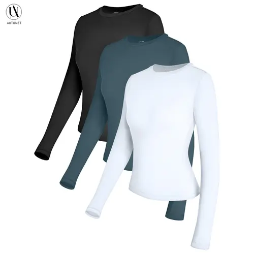 AUTOMET 3 Pack Womens Long Sleeve Basic Shirts Underscrub Compression Tops Y2K Street Look, High Stretch, Buttery-Soft, Gym to Club Staple, Pairs with Cargo or Jeans, Daily Chic Staple