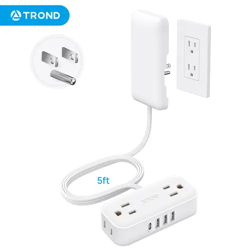TROND 5FT Flat Plug Power Strip, 4 AC Outlets 4 USB Ports, 900J Surge Protector, Ultra Thin Extension Cord, Hidden Outlet Extender for Tight Spaces, 10A/1250W, White