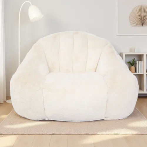 Microfibre Upholstered Bean Bag Chair for Adults - Beige Petal-Back Shell-Shaped Padded Lazy Sofa with Fixed Arms, Footstool, 29.5in Tall, 47.2in Wide, 500 lbs Capacity, Chairs for Living Room, Chill Room Furniture