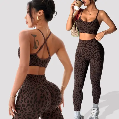 Women's Summer Leopard Print Two-Piece Set, Criss Cross Adjustable Straps, High Waist Tight Bottoms, Sporty Yoga Fitness Wear