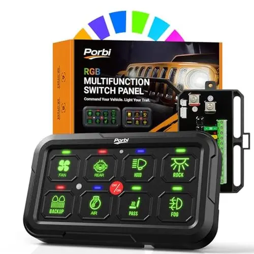 Premium 8-Gang RGB Backlit Switch Panel Switchboard with 12-24V Universal Circuit Control Relay System, Momentary Toggle Pulsed Memory, Auto-Dimming LED Lights, IP65 Waterproof, Plug-N-Play, Reverse Safe for Outdoor Vehicle Users (Flush or Angled Fit)