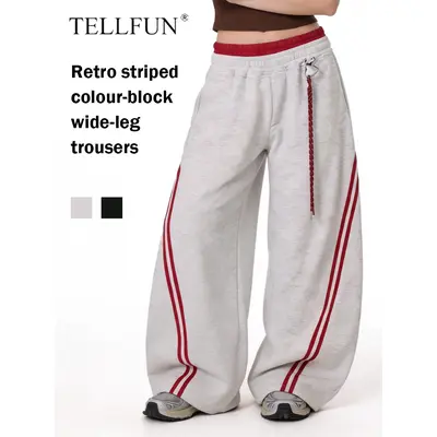 TELLFUN Y2K Baggy Wide-Leg Sweatpants with Side Stripes – Comfortable Casual Streetwear Joggers for Everyday Loungewear, Oversized Unisex Design bottom Pants,Summervibes