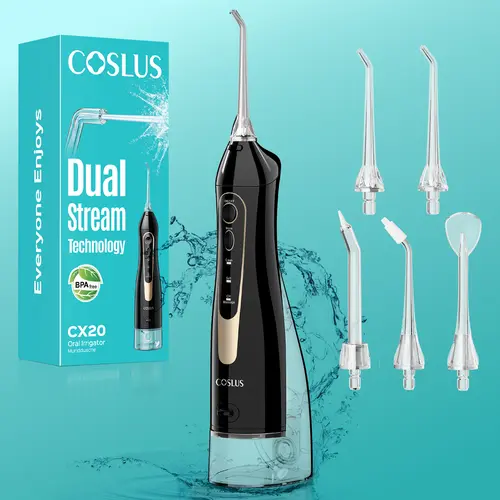 COSLUS CX20 Water Flosser, Portable Rechargeable Oral Irrigator with 300ML Tank, 5 Jet Tips, Gentle Mode & IPX7 Waterproof, Dental Cleaner for Braces & Sensitive Gums