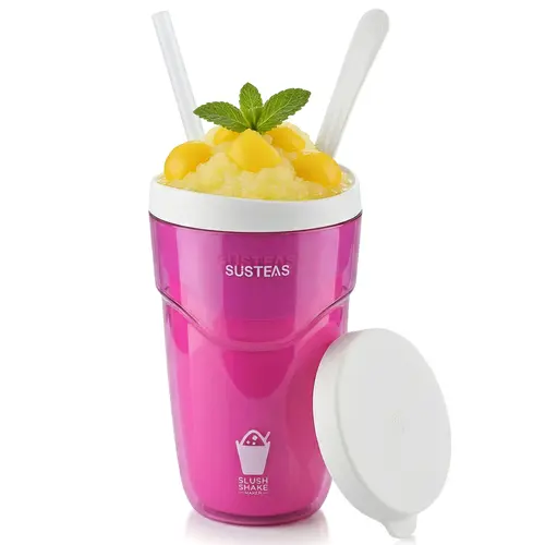 SUSTEAS Plastic Squeezy Frozen Slushy Maker Water Bottle - 240ml Double-Walled Portable Kitchen Drinkware with Lid, 1.5oz Spoon & Straw, 80% Full Pour Room, Washable, Easy to Use, Quick Handwash Clean, Make Slushies in Minutes, Ideal for Summer Parties,so