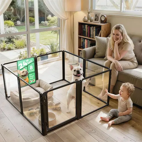 FXW AuraSpace Pro Universal Transparent Acrylic Panel Indoor Dog Playpen - Stable Heavy-Duty Aluminum-Metal Frame Resists Tipping, No-Climb Enclosed Pet Enclosure for Living Rooms, Bedrooms