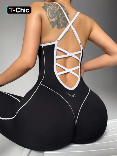 Women's Seamless High Elastic Jumpsuit, Criss Cross Back Strap, Sporty Sleeveless Design, All Seasons, Comfortable Yoga & Gym Wear