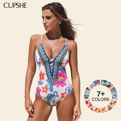 CUPSHE Boho Vibrant Floral 1 Piece Swimsuits, Sculpting Tummy Control, Plunge Neckline, Adjustable Straps, Slimming Fit for Summer Beach Holidays, Statement Swim Look, Summerfinds#SohoChic