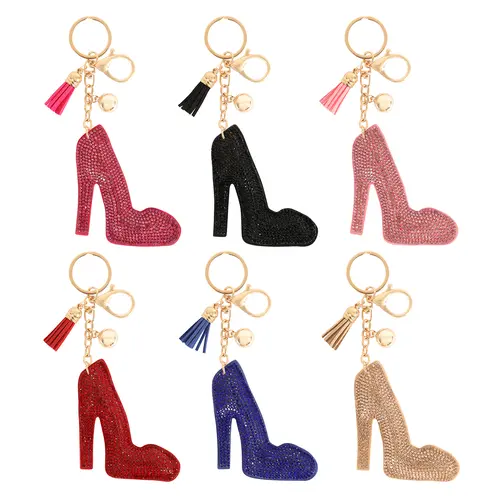 High Heels Rhinestone Tassel Keychain - Pink Glitter Shoe Charm with Gold Tone Hardware