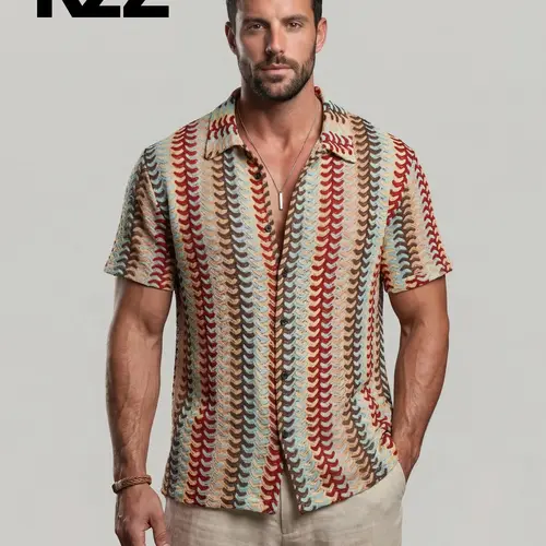 KZZ Men's Openwork Knit Collared Short Sleeve Shirt - Male Clothing, Colorful Drawstring Streetwear, Breathable Colorful Fabric Men's Casual Shirt for Summer Beach, Lace-Up Fashion Apparel,sohochic