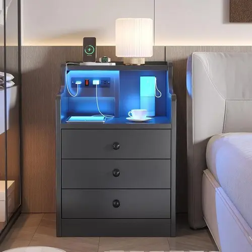 Sikaic Nightstand with Charging Station and LED Lights, Night Stand with Hutch, Bedside Table with Drawers, Modern End Side Table for Bedroom, Home Furniture Christmas Gifts [SohoChic]