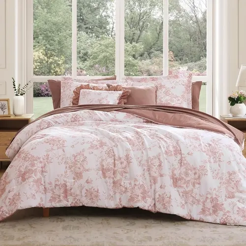 BLOOMHAVEN Queen Ultra-Soft Microfibre Bedding Set - 7-Piece Comforter & Bedspread Set, Floral Botanical Rose Design, 66"x96" Flat Sheet, Pillowcases, Shams, All Seasons Use, Ultra-Soft Hand Feeling, Family-Safe Certified, Machine Washable