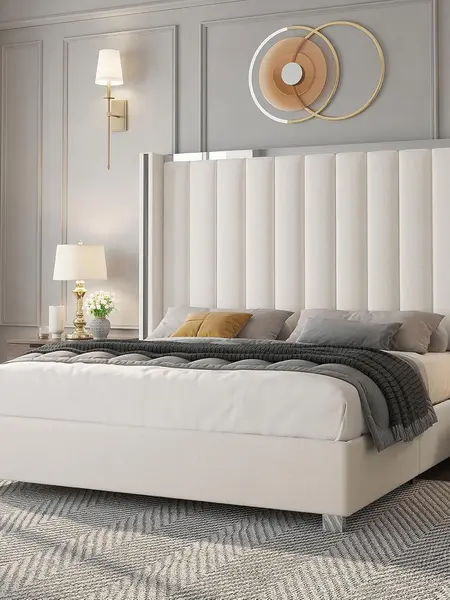 Amerlife Upholstered Platform Bed Frame - 58" Tall Channel Tufted Wingback Headboard, Velvet Upholstery, Durable, No Box Spring Needed, Luxury Indoor Apartment Furniture, Home Decor Gift, Queen Bed Frame #SohoChic