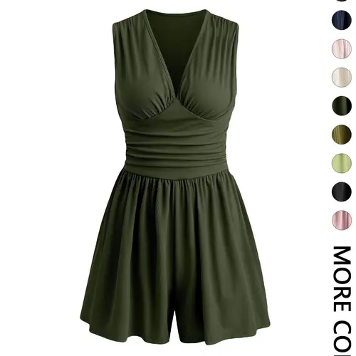 Women's Plain Ribbed Ruched Deep V Neck Tank Short Piece, Elegant Sleeveless Shorts Romper For Summer, Fashion Casual Ladies Clothes For Daily Wear