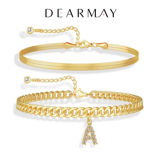 Dearmay Gold Initial Anklets for Women 14K Gold Plated Ankle Bracelet with Letter Pendant Waterproof Adjustable Anklet Set Stackable Personalized Jewelry Summer Beach Accessories Gift for Girls