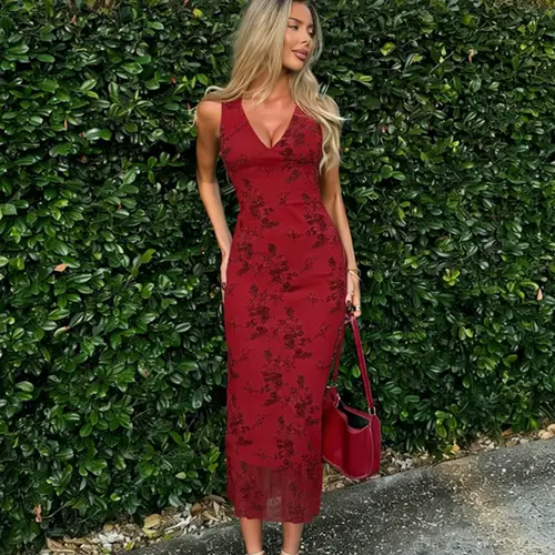 Women's Floral Print Knit Deep V Neck A Line Dress, Elegant Classy Flattering Sleeveless Plunge Neck Bodycon Long Dress, Ladies Summer Clothes for Party Holiday Wedding Guest, Summer Dresses