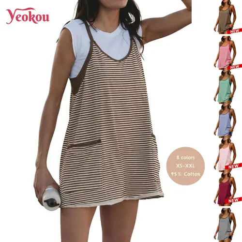 Yeokou Women's Athletic V-Neck Striped Cotton Romper - Rompers for Women with Built-in Shorts, Pockets, Stretchy 5% Spandex, Spaghetti Straps Stay Light and Airy, Cute Trendy Clothes for Tennis, Workout