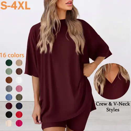 Women's 2-Piece Plus Size Comfortable Loungewear Pajama Set, Summer Oversized Round Neck Long-Split Hem Top & Side-Pocket Biker Shorts, Minimalist Loose-Fitting Homewear