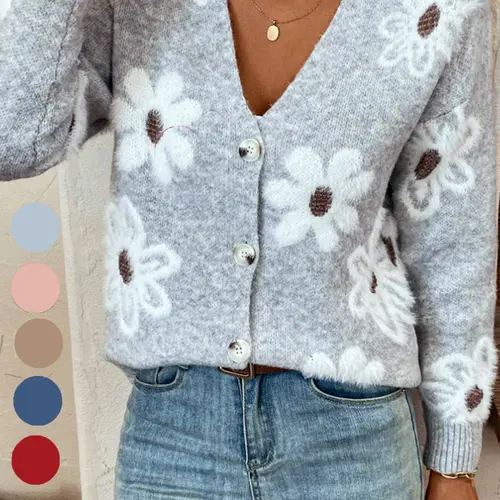 Plus Size Floral Print Button Front Relaxed Cardigan, Casual Feminine Drop Shoulder V Neck Knitwear Fit for Fall & Winter, Women's Womenswear Plus Clothing for Daily Wear Tops