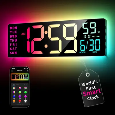 EASYERA 16.5" Smart Digital Wall Clock with App & Alexa via WiFi, Large RGBIC Wall Clock with Multiple DIY Color and Music Sync, LED Display, Auto DST, Plug-in Clocks for Classroom Home Gaming, Kitchen Craft Room, Halloween Gift, Fall Decor