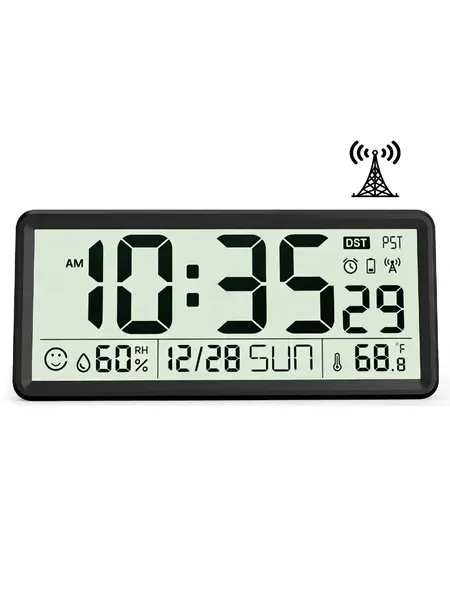 EASYERA 15'' Large Digital Clock, Atomic Wall Clock Battery Operated, Self-Setting, Indoor Temperature & Humidity, Auto DST, for Kitchen, Classroom, Dormitory, Garage, Office, Work Space, Shed (Batteries Not Included, No Backlight)