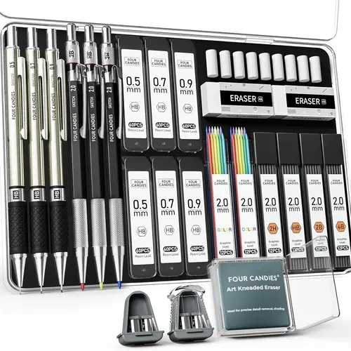 Four Candies 25PCS Back to School Mechanical Pencil Set with Case,0.5/0.7/0.9mm Metal Pencils&3PCS 4B Erasers&432PCS Graphite Leads,Essential Student Writing,Drawing&Sketching Supplies,Perfect Graduation Stationery Gifts,summerwins
