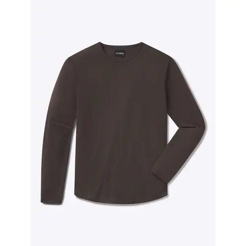 Cuts Men's AO Fitted Long Sleeve Crew Neck T-Shirt with Curve Hem, Polyester-Cotton-Spandex Fleece Blend, Casual Style for Jeans, Anti-Pilling, Wrinkle Resistant, Excellent Drape