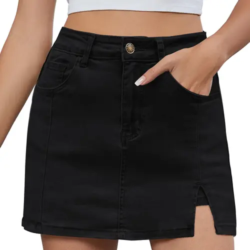 luvamia Palda Minimalist High Waisted Mini Casual Oversize Skirt with Side Slit for Women Soft Black Denim Jean Shorts Stretchy Fit Summer Bottom