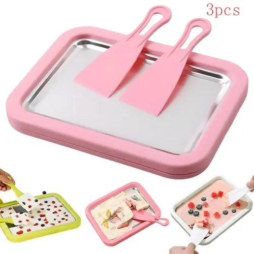 3-Piece Spiral Ice Cream Maker Set, Instant Freezing Tray & 2 Scrapers, Stainless Steel Dessert Machine, Kitchenware, Kitchen Utensils & Gadgets