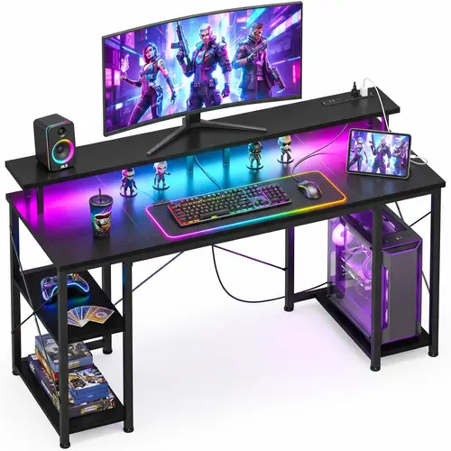 Sweetcrispy Gaming Desk for Gamer Stuff, Desks for Gaming with Full Monitor Stand, Built-In LED Lights, USB Charging Port, Reversible PC Shelf, Headphone Hook, Stable X-Bar Reinforced Metal Frame, Multi-Size for Small Spaces, Dual Monitor & Streamer Setup