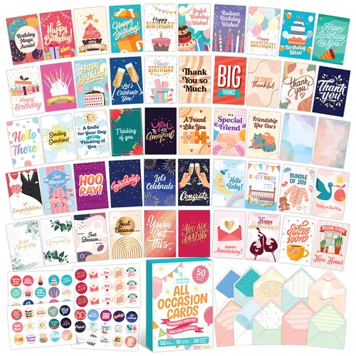 Decorably 50 Pack Gold Foiled & Glittery 5x7in All Occasion Cards Assortment Box with Envelopes & Stickers, 50 Unique Designs for Friends, Family and Loved Ones with Printed Message - Gifting, Mailing
