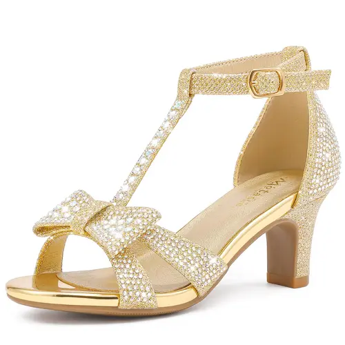Girls' Fashionable Rhinestone High-Heel Sandals - Open Toe, T-Strap Adjustable Strap, Anti-Slip Sole, Padded, Synthetic, 2.2 Inches Heel, for Graduation Party Wedding Prom, Little & Big Kids,sohochic