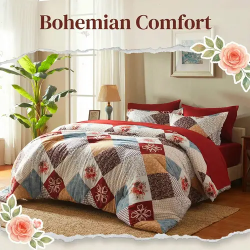 Cosybay 7-Piece Wrinkle-Resistant Bedding Bundle, Reversible Queen/King/Full Comforter Set, All-Season Luxury Tufted Boho Print Bedding with Comforter, Flat Sheet, Fitted Sheet, Pillowcases & Pillow Shams (Dorm, Back-to-School),sohochic