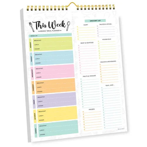 Decorably 52 Sheets Pastel Undated Magnetic Weekly Meal Planner and Grocery List Notepad with 4 Strong Magnets - 8.5x11in Spring-Bound, Refrigerator Mountable, Easy Tear-Off Design