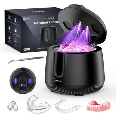 UMPOPO 48kHz Ultrasonic Retainer Cleaner Machine - Compact Home Sterilizer with 200ML Capacity, UV-C Light, 4 Cleaning Modes, Small Footprint, Water or Tablets Use for Denture Users, Aligners, Mouth Guards, Tweezers (Home Bathroom Use)